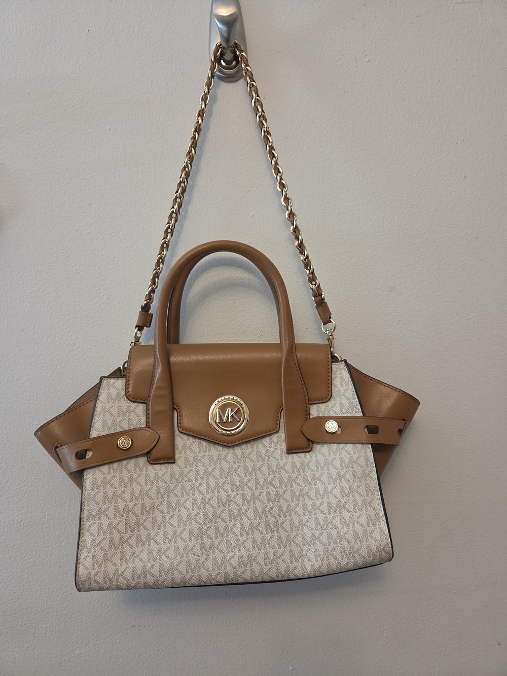 Michael Kors Beige Signature Canvas and Tan Leather Satchel with Gold Chain